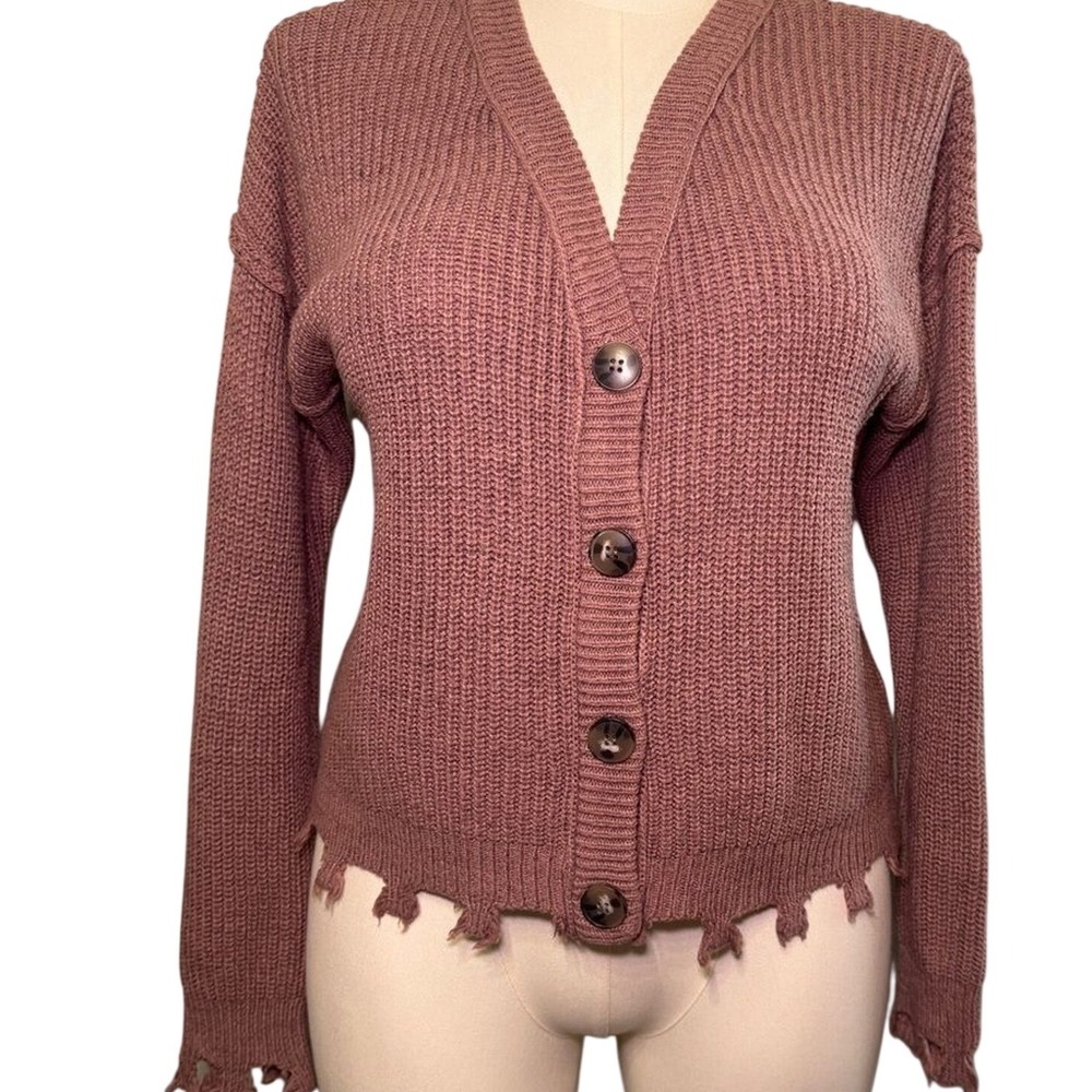 Maurice's‎ Solid Destructed Hem Button Down Up Cardigan Sweater Dusty Rose Large